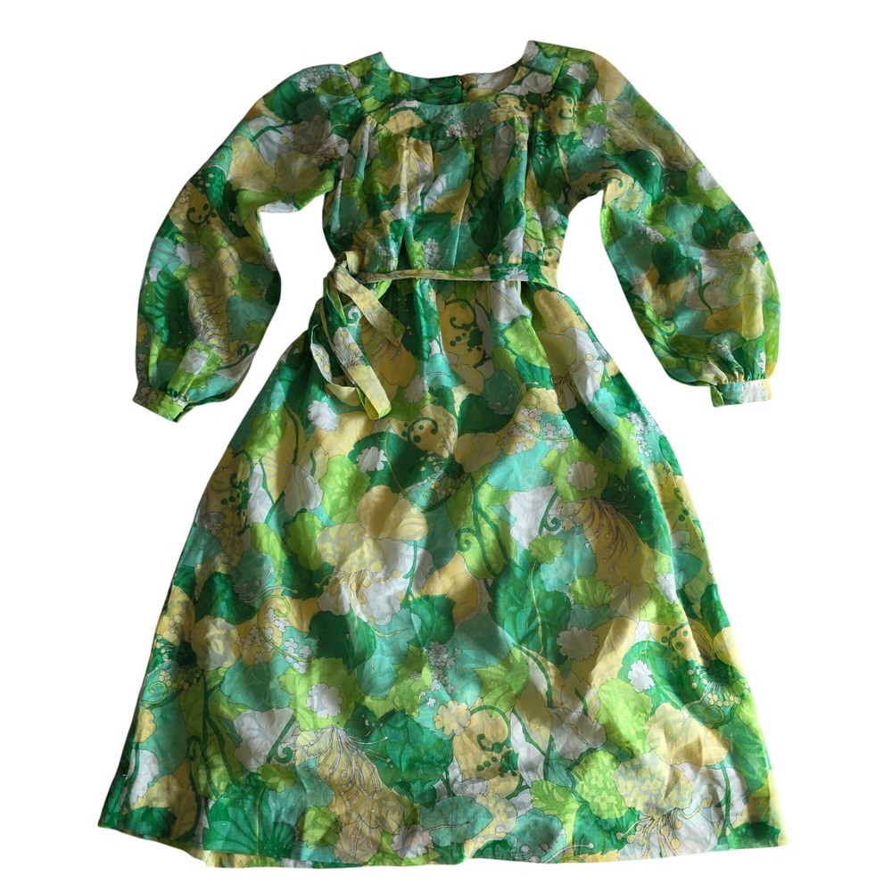 Vintage 70s Floral Prairie Midi Dress Green Yellow Handmade Boho Small